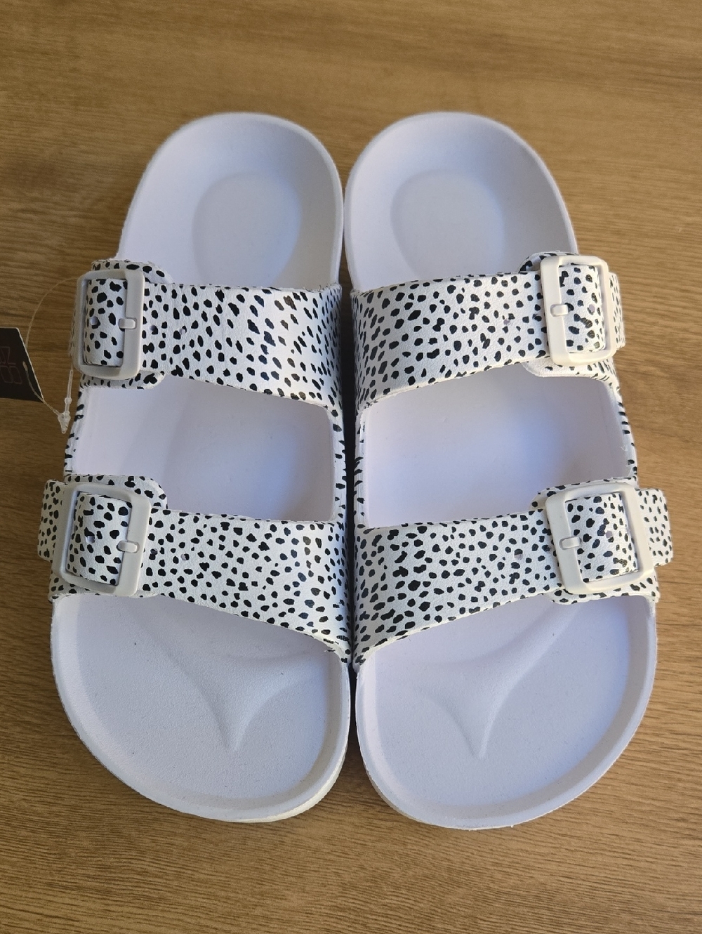 White Sandal Slides with Black Speckle Print